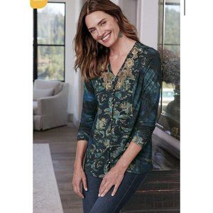 *Soft Surroundings Del Bosque Starry Night Top Womens Med Green Floral Gold Bead